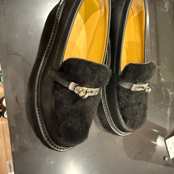 Hermes icone calfskin “Kelly” loafers with fur size 7